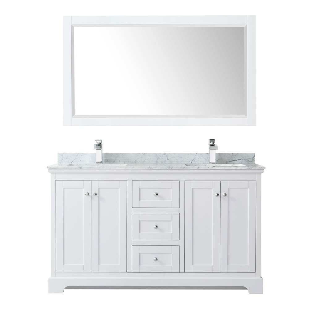 Avery 60 Inch Double Bathroom Vanity in Dark Blue, White Carrara Marble Countertop, Undermount Square Sinks, and 58 Inch Mirror