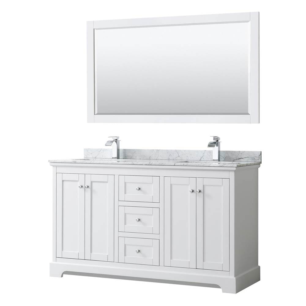 Wyndham Collection - Avery 60 Inch Double Bathroom Vanity in White, White Carrara Marble Countertop, Undermount Square Sinks, and 58 Inch Mirror - White