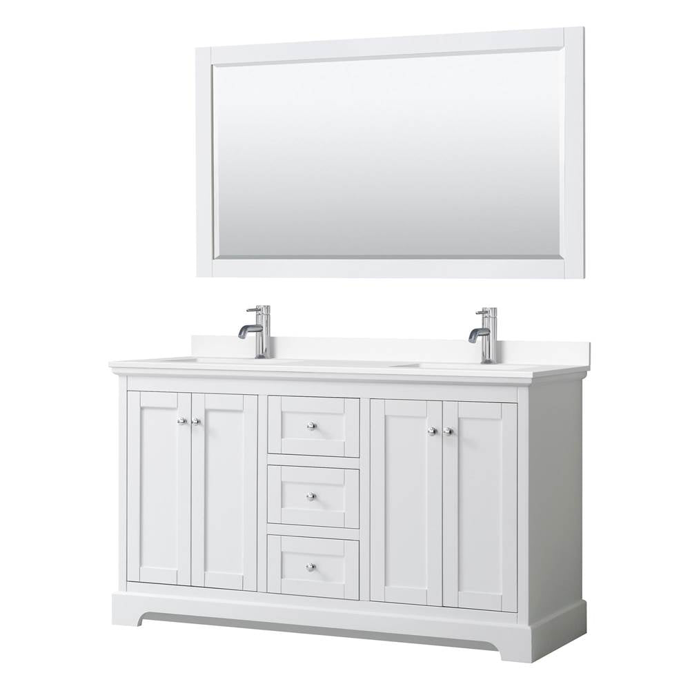 Wyndham Collection - Avery 60 Inch Double Bathroom Vanity in White, White Cultured Marble Countertop, Undermount Square Sinks, 58 Inch Mirror