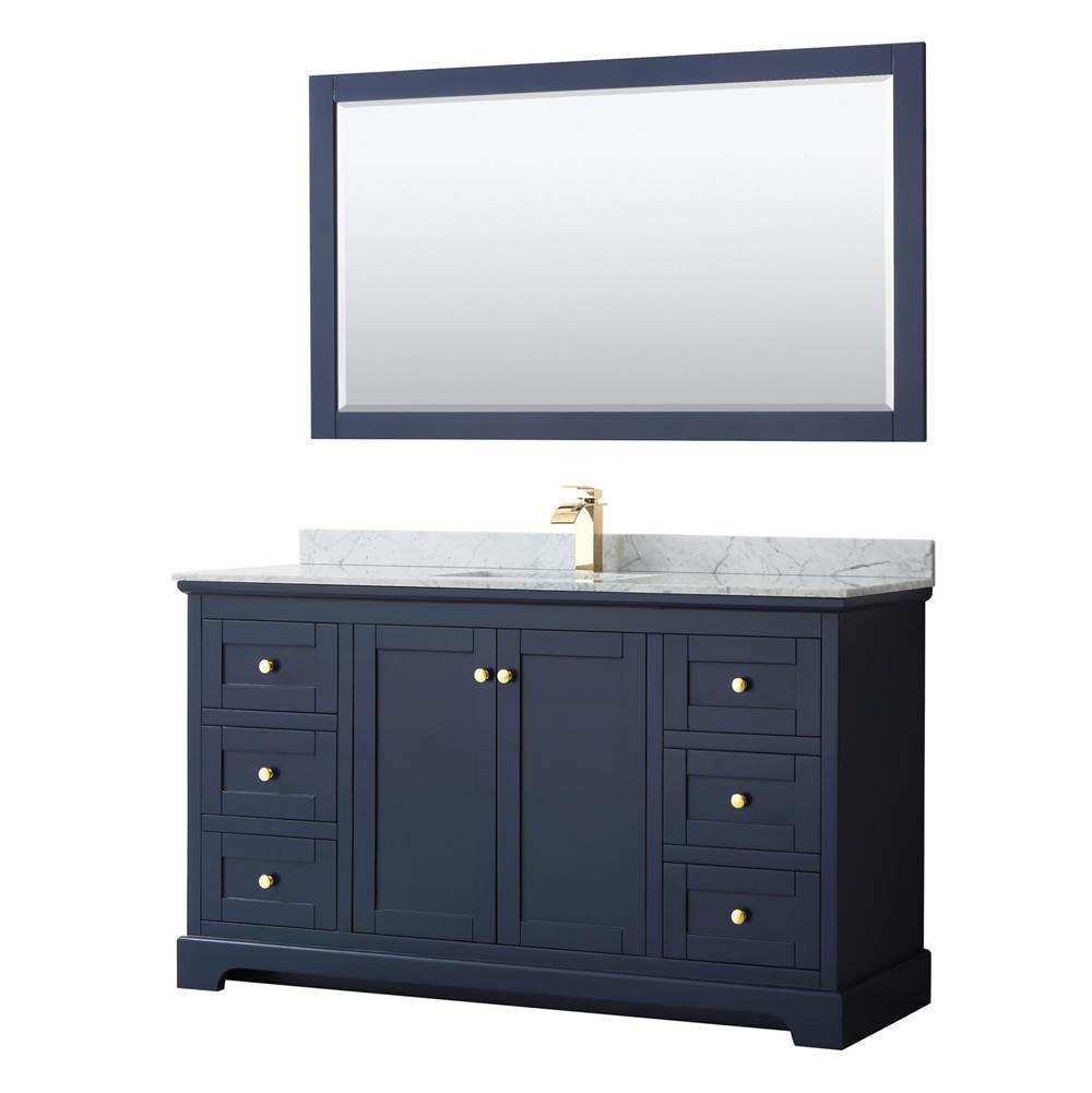 Wyndham Collection - Avery 60 Inch Single Bathroom Vanity in Dark Blue, White Carrara Marble Countertop, Undermount Square Sink, and 58 Inch Mirror - Dark Blue