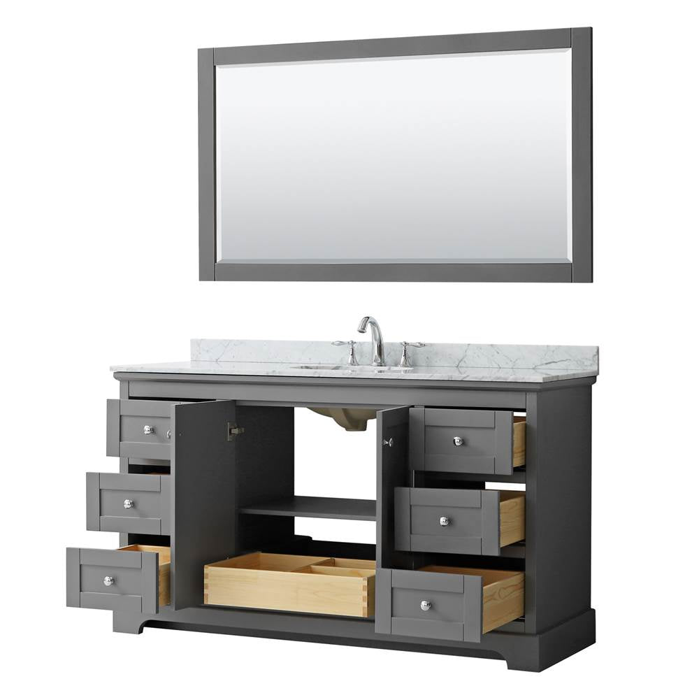 Avery 60 Inch Single Bathroom Vanity in Dark Blue, White Carrara Marble Countertop, Undermount Oval Sink, and 58 Inch Mirror