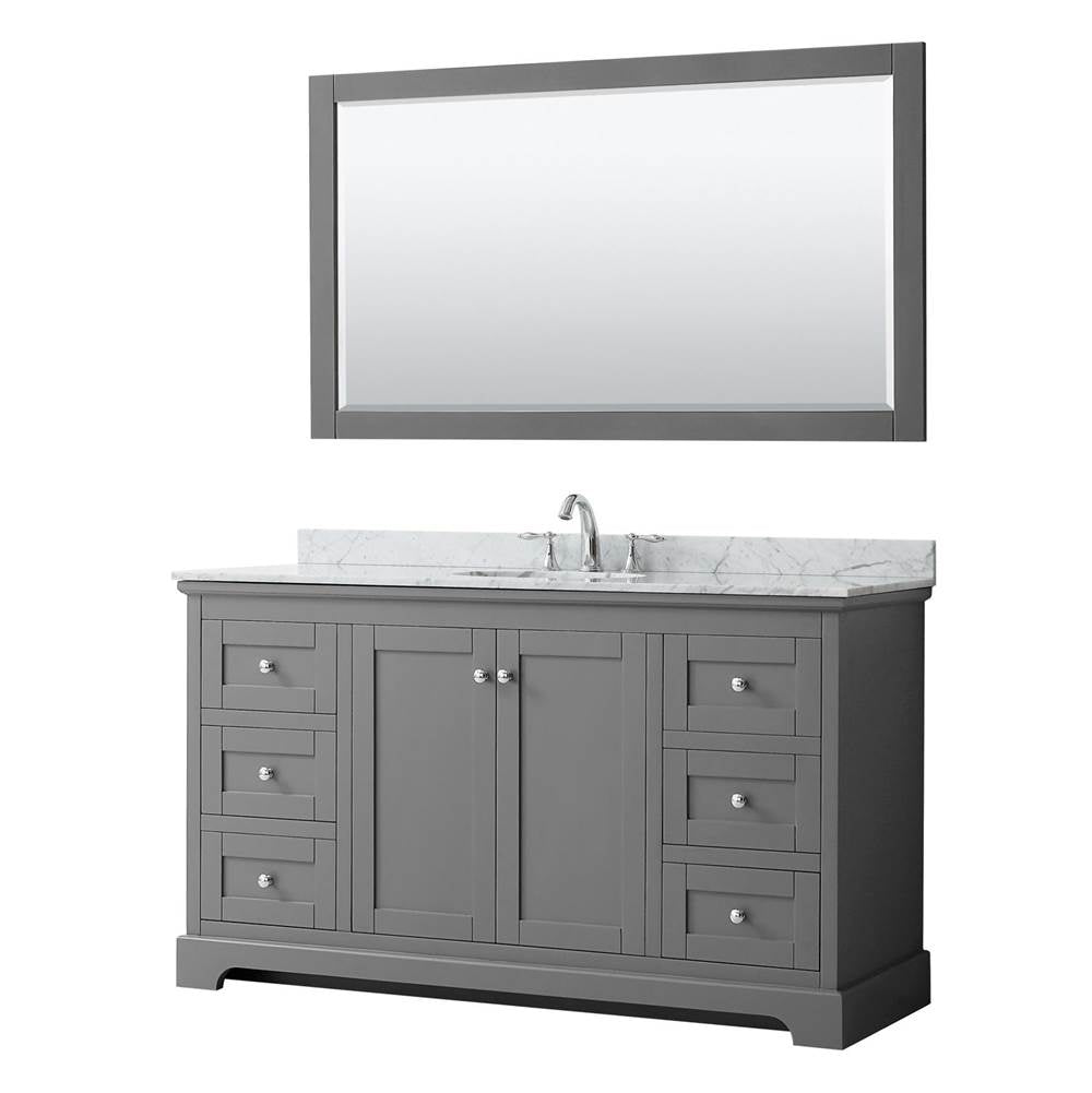 Wyndham Collection - Avery 60 Inch Single Bathroom Vanity in Dark Gray, White Carrara Marble Countertop, Undermount Oval Sink, and 58 Inch Mirror - Dark Gray