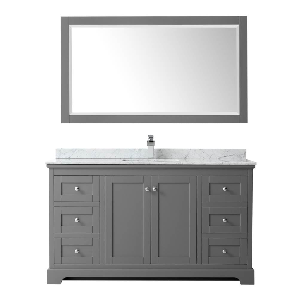 Avery 60 Inch Single Bathroom Vanity in Dark Blue, White Carrara Marble Countertop, Undermount Square Sink, and 58 Inch Mirror
