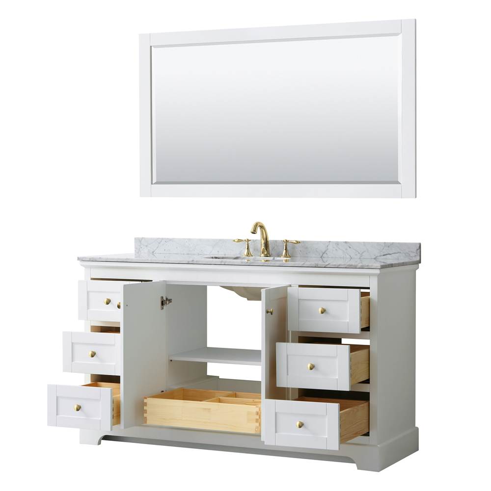 Avery 60 Inch Single Bathroom Vanity in White, White Carrara Marble Countertop, Undermount Oval Sink, 58 Inch Mirror, Brushed Gold Trim