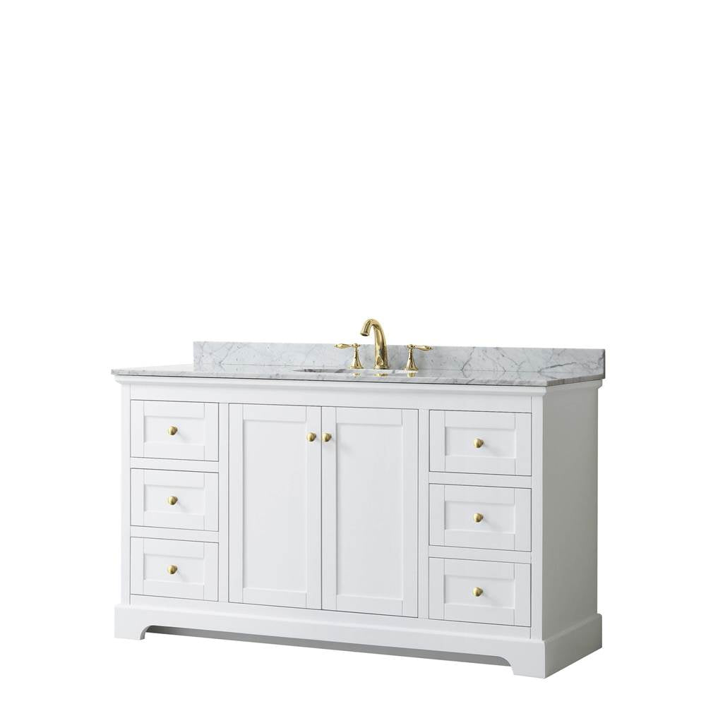 Wyndham Collection - Avery 60 Inch Single Bathroom Vanity in White, White Carrara Marble Countertop, Undermount Oval Sink, Brushed Gold Trim