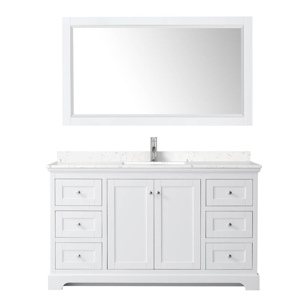 Avery 60 Inch Single Bathroom Vanity in White, Carrara Cultured Marble Countertop, Undermount Square Sink, 58 Inch Mirror