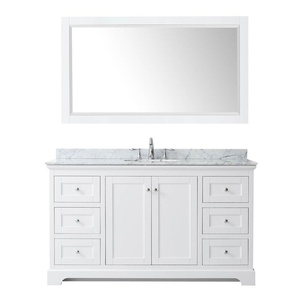Avery 60 Inch Single Bathroom Vanity in Dark Blue, White Carrara Marble Countertop, Undermount Oval Sink, and 58 Inch Mirror