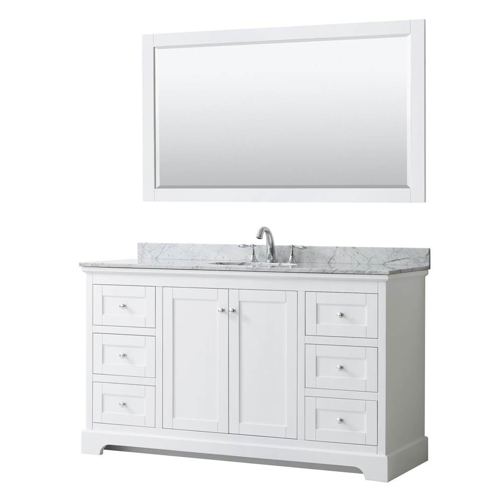 Wyndham Collection - Avery 60 Inch Single Bathroom Vanity in White, White Carrara Marble Countertop, Undermount Oval Sink, and 58 Inch Mirror - White