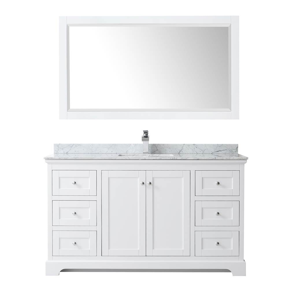 Avery 60 Inch Single Bathroom Vanity in Dark Blue, White Carrara Marble Countertop, Undermount Square Sink, and 58 Inch Mirror