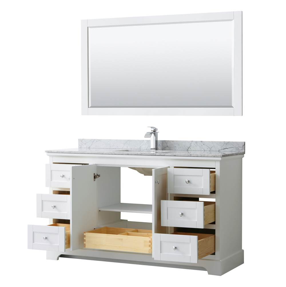 Avery 60 Inch Single Bathroom Vanity in Dark Blue, White Carrara Marble Countertop, Undermount Square Sink, and 58 Inch Mirror