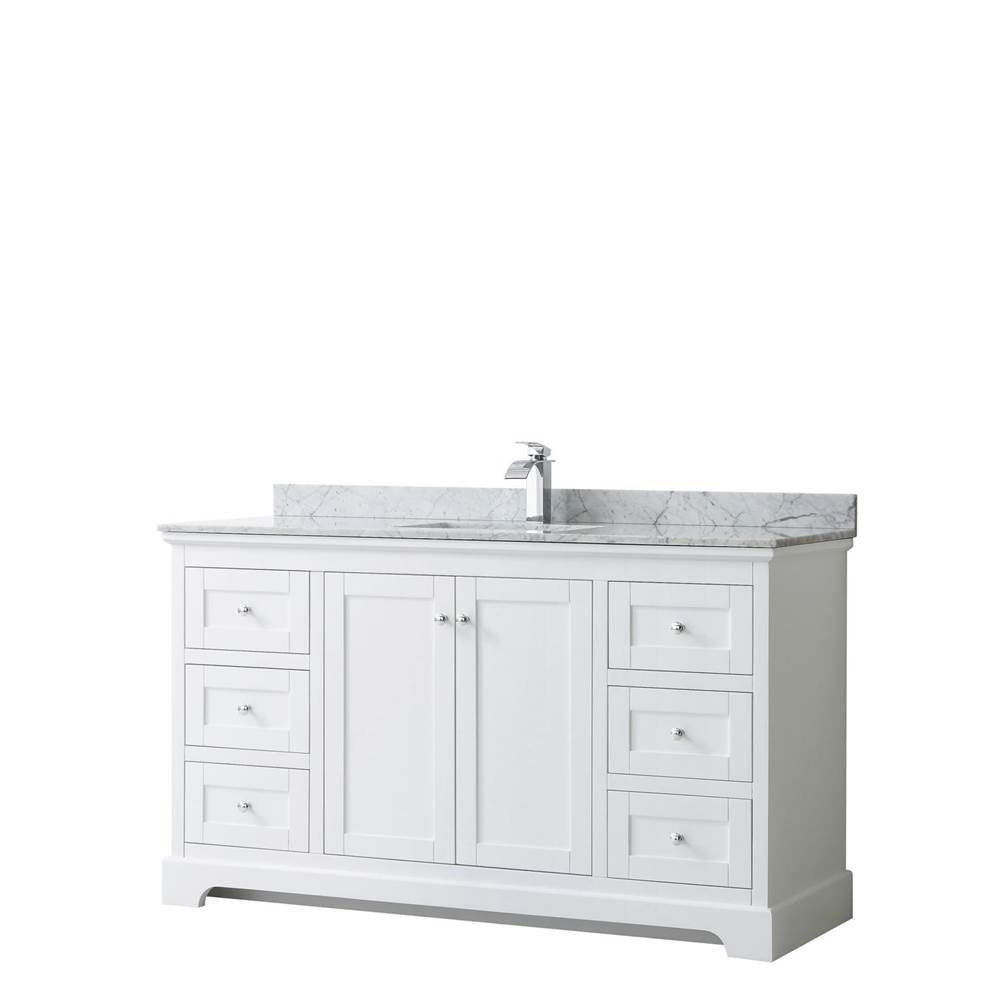 Wyndham Collection - Avery 60 Inch Single Bathroom Vanity in White, White Carrara Marble Countertop, Undermount Square Sink, and No Mirror - White