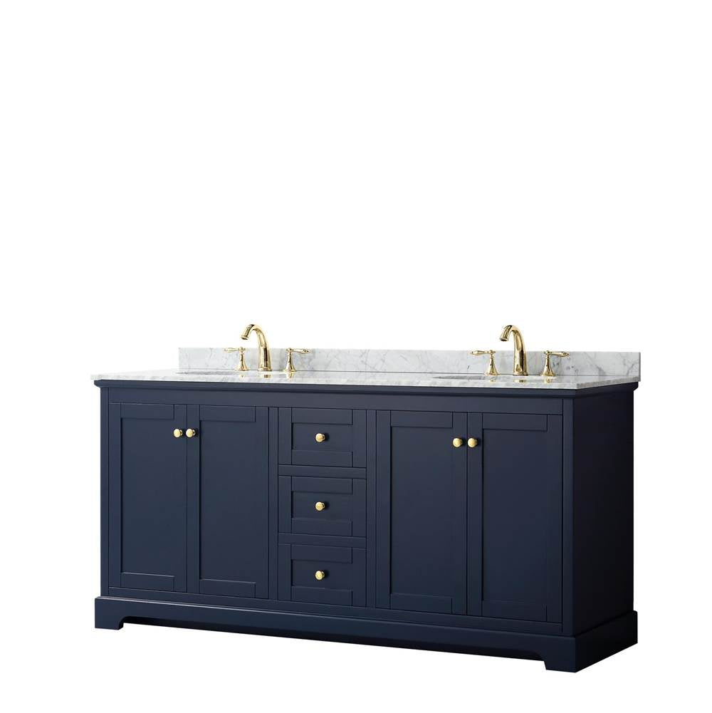 Wyndham Collection - Avery 72 Inch Double Bathroom Vanity in Dark Blue, White Carrara Marble Countertop, Undermount Oval Sinks, and No Mirror - Dark Blue