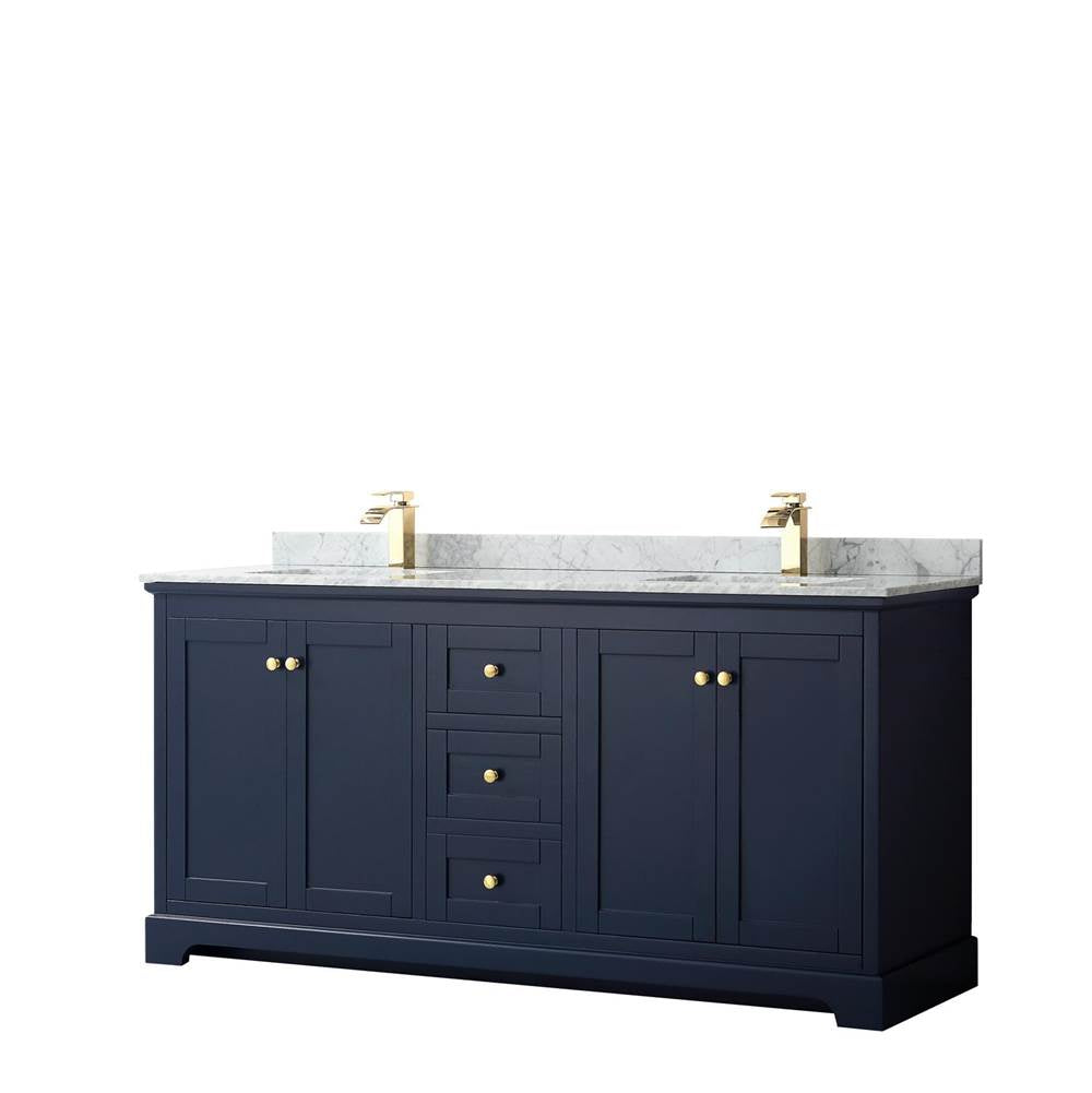 Wyndham Collection - Avery 72 Inch Double Bathroom Vanity in Dark Blue, White Carrara Marble Countertop, Undermount Square Sinks, and No Mirror - Dark Blue