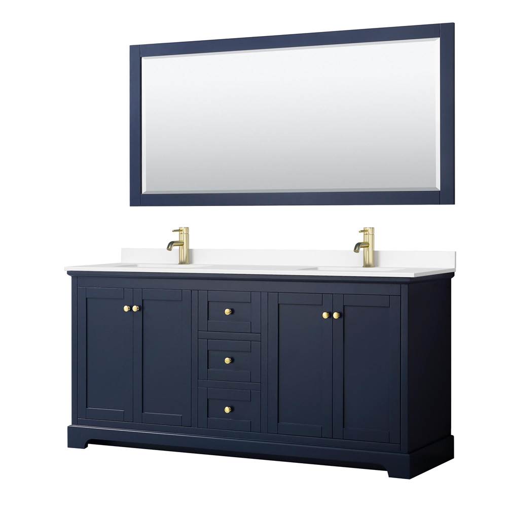 Wyndham Collection - Avery 72 Inch Double Bathroom Vanity in Dark Blue, White Cultured Marble Countertop, Undermount Square Sinks, 70 Inch Mirror