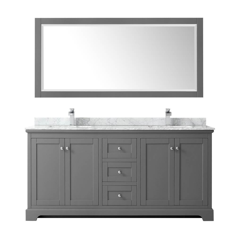 Avery 72 Inch Double Bathroom Vanity in Dark Blue, White Carrara Marble Countertop, Undermount Square Sinks, and 70 Inch Mirror