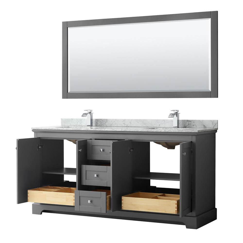 Avery 72 Inch Double Bathroom Vanity in Dark Blue, White Carrara Marble Countertop, Undermount Square Sinks, and 70 Inch Mirror