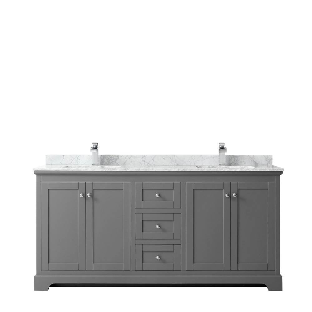 Avery 72 Inch Double Bathroom Vanity in Dark Blue, White Carrara Marble Countertop, Undermount Square Sinks, and No Mirror