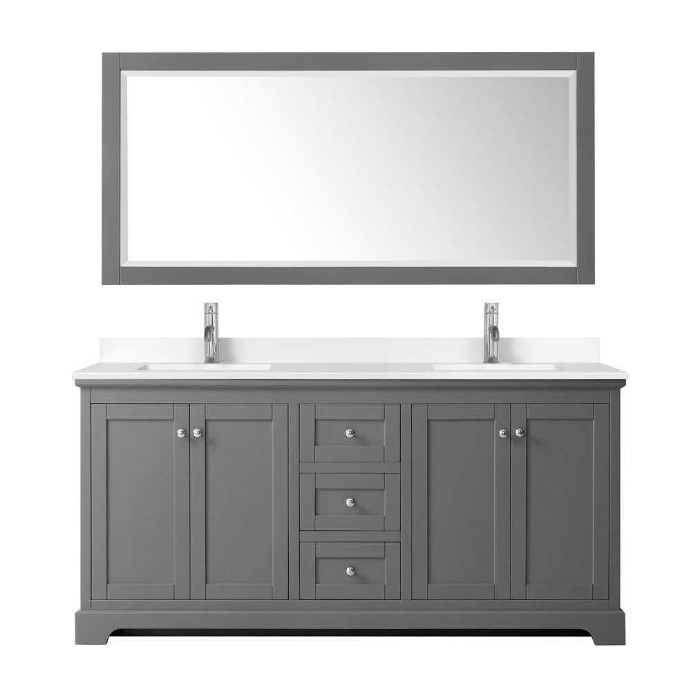 Avery 72 Inch Double Bathroom Vanity in Dark Gray, White Cultured Marble Countertop, Undermount Square Sinks, 70 Inch Mirror