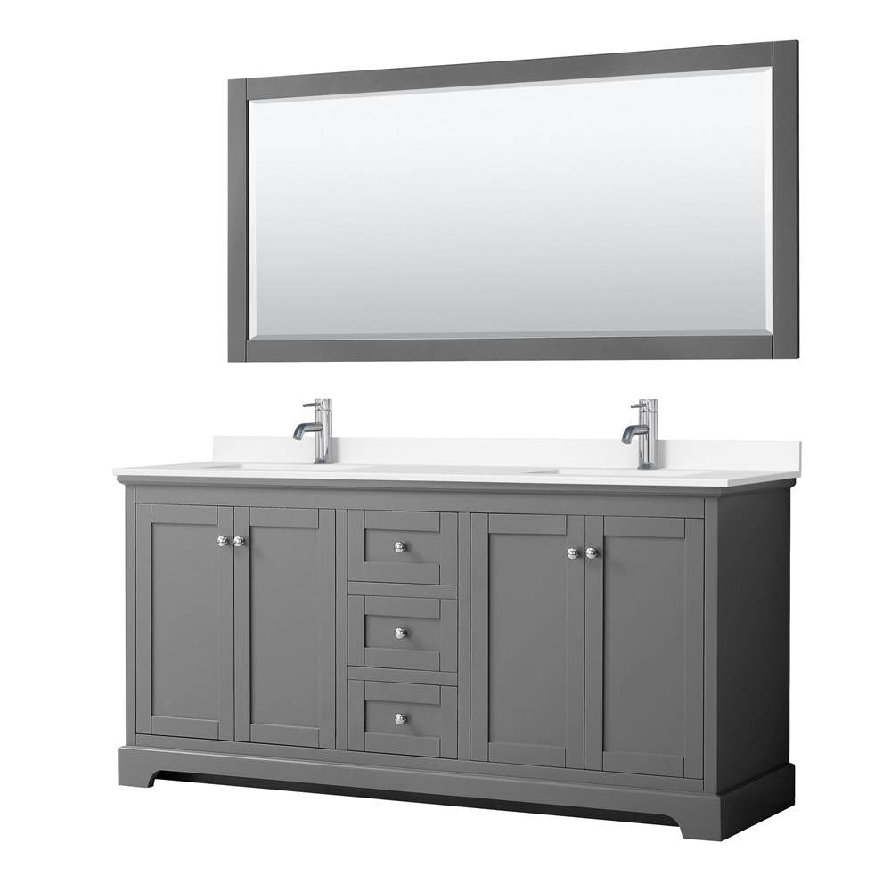 Wyndham Collection - Avery 72 Inch Double Bathroom Vanity in Dark Gray, White Cultured Marble Countertop, Undermount Square Sinks, 70 Inch Mirror
