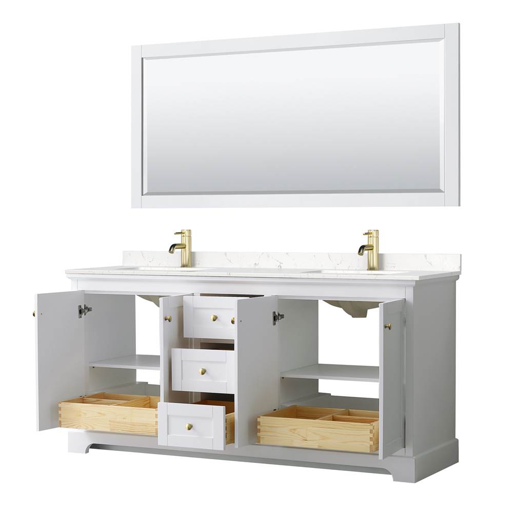 Avery 72 Inch Double Bathroom Vanity in White, Carrara Cultured Marble Countertop, Undermount Square Sinks, Brushed Gold Trim
