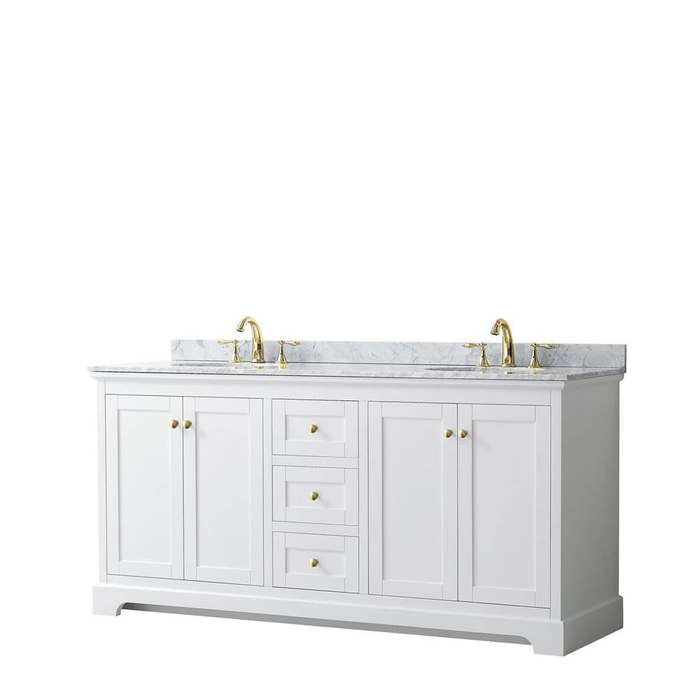 Wyndham Collection - Avery 72 Inch Double Bathroom Vanity in White, White Carrara Marble Countertop, Undermount Oval Sinks, Brushed Gold Trim