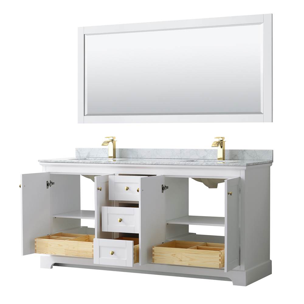 Avery 72 Inch Double Bathroom Vanity in White, White Carrara Marble Countertop, Undermount Square Sinks, 70 Inch Mirror, Brushed Gold Trim