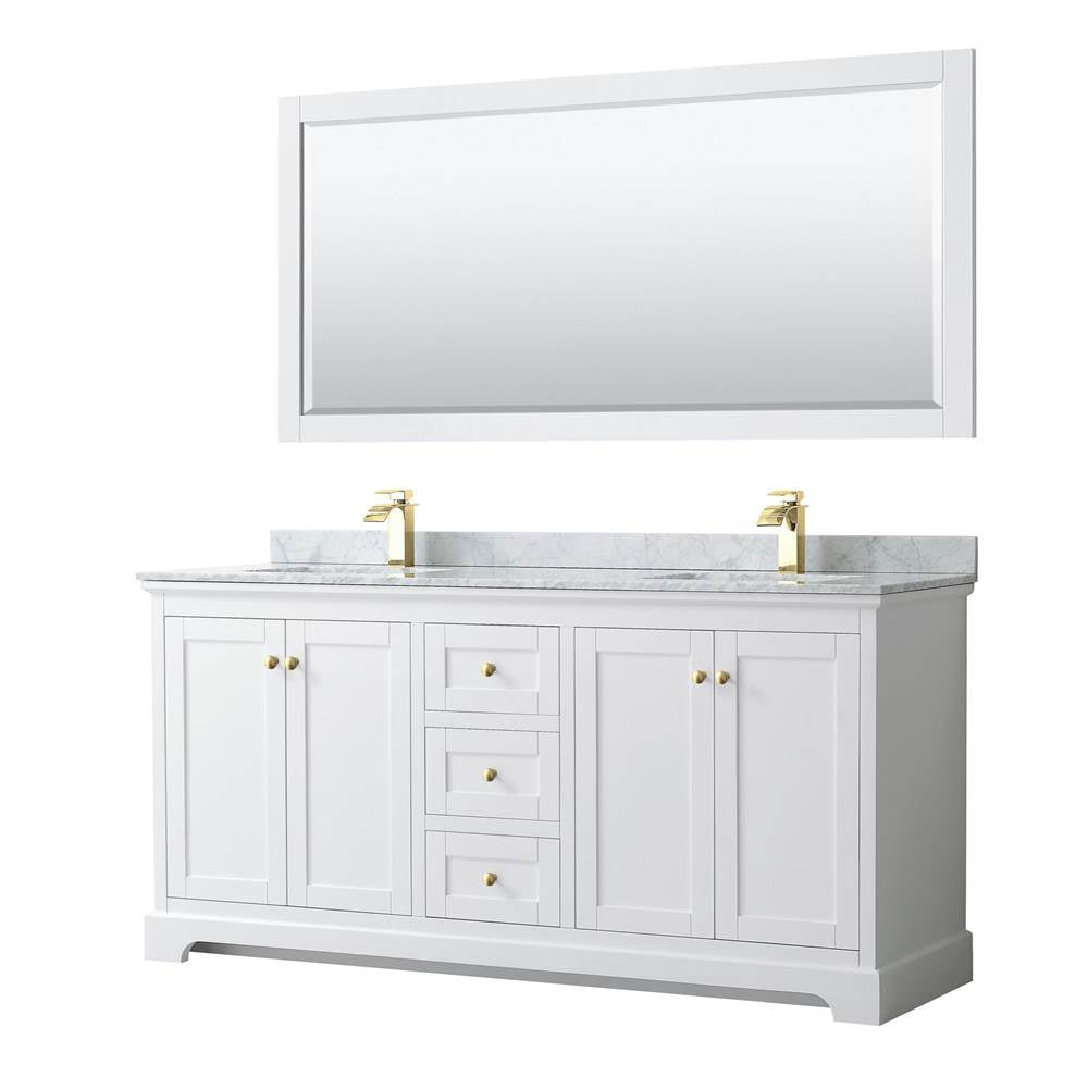 Wyndham Collection - Avery 72 Inch Double Bathroom Vanity in White, White Carrara Marble Countertop, Undermount Square Sinks, 70 Inch Mirror, Brushed Gold Trim