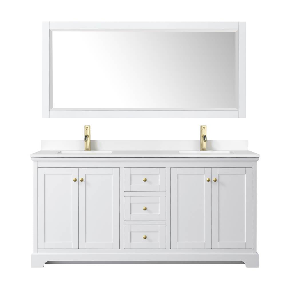 Avery 72 Inch Double Bathroom Vanity in White, White Cultured Marble Countertop, Undermount Square Sinks, 70 Inch Mirror, Brushed Gold Trim
