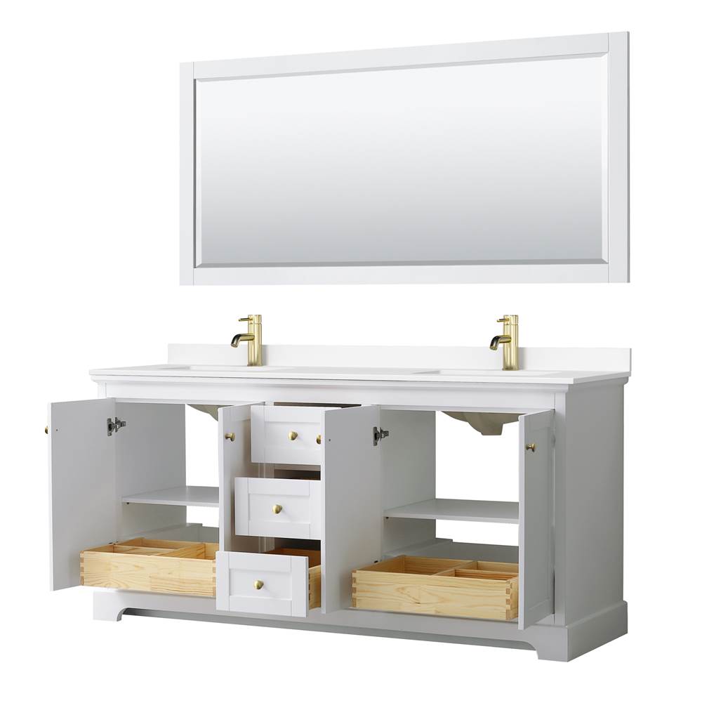 Avery 72 Inch Double Bathroom Vanity in White, White Cultured Marble Countertop, Undermount Square Sinks, Brushed Gold Trim