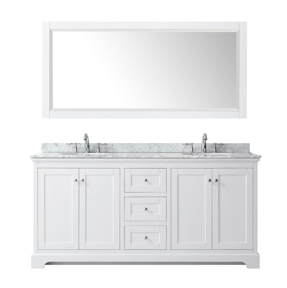 Avery 72 Inch Double Bathroom Vanity in Dark Blue, White Carrara Marble Countertop, Undermount Oval Sinks, and 70 Inch Mirror