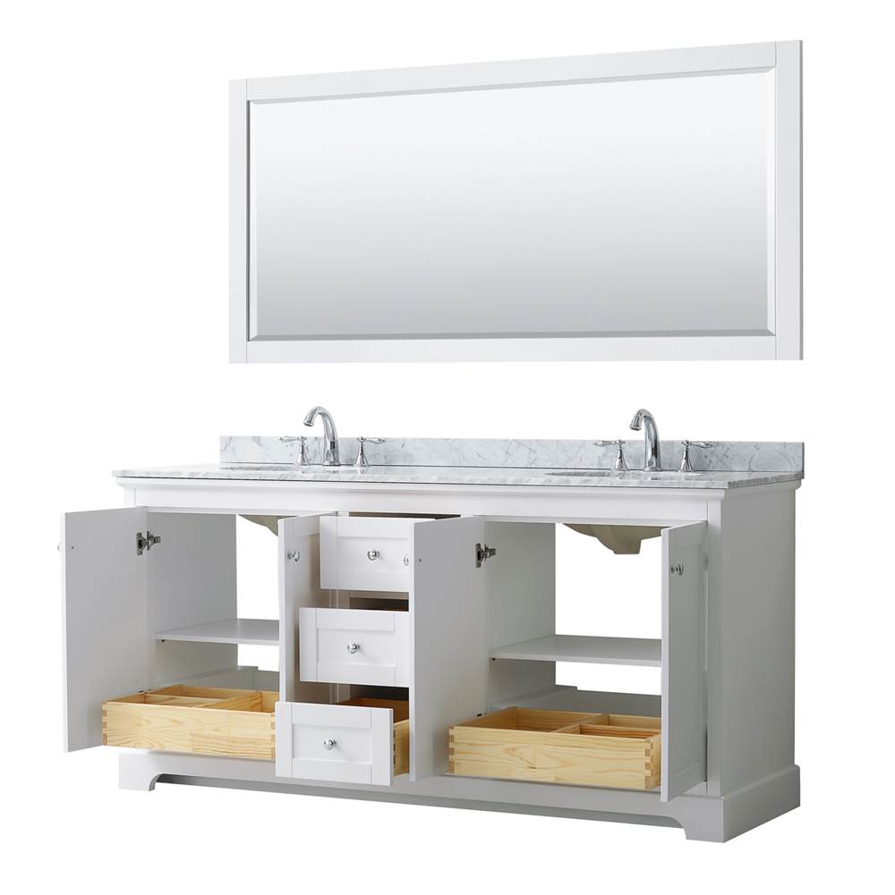 Avery 72 Inch Double Bathroom Vanity in Dark Blue, White Carrara Marble Countertop, Undermount Oval Sinks, and 70 Inch Mirror