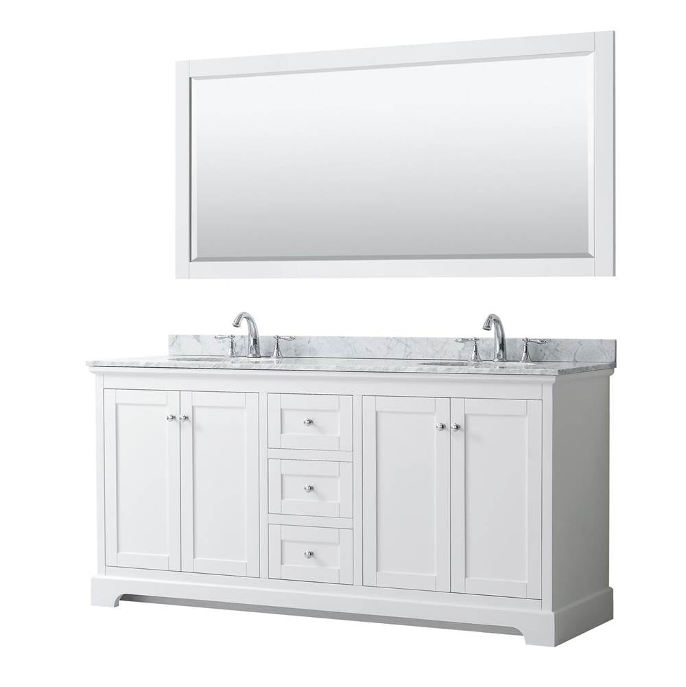 Wyndham Collection - Avery 72 Inch Double Bathroom Vanity in White, White Carrara Marble Countertop, Undermount Oval Sinks, and 70 Inch Mirror - White
