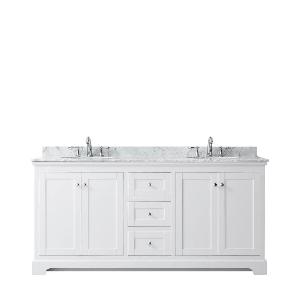 Avery 72 Inch Double Bathroom Vanity in Dark Blue, White Carrara Marble Countertop, Undermount Oval Sinks, and No Mirror