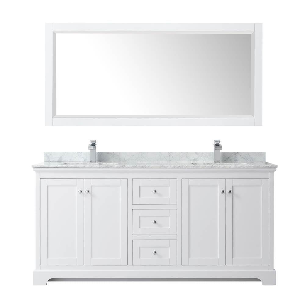 Avery 72 Inch Double Bathroom Vanity in Dark Blue, White Carrara Marble Countertop, Undermount Square Sinks, and 70 Inch Mirror