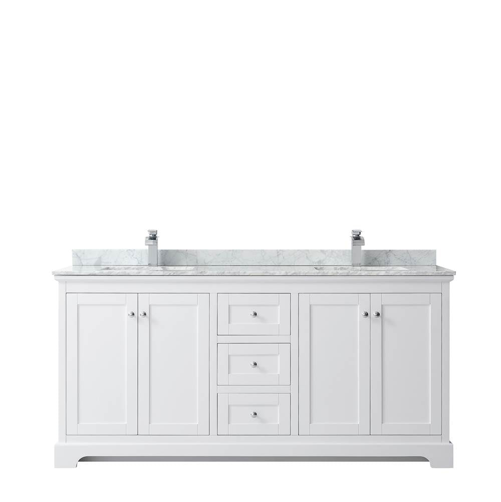 Avery 72 Inch Double Bathroom Vanity in Dark Blue, White Carrara Marble Countertop, Undermount Square Sinks, and No Mirror