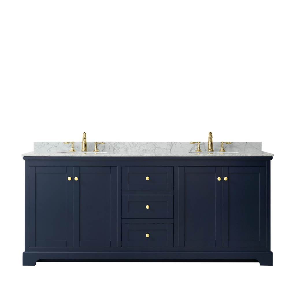 Avery 80 Inch Double Bathroom Vanity in Dark Blue, White Carrara Marble Countertop, Undermount Oval Sinks, and No Mirror
