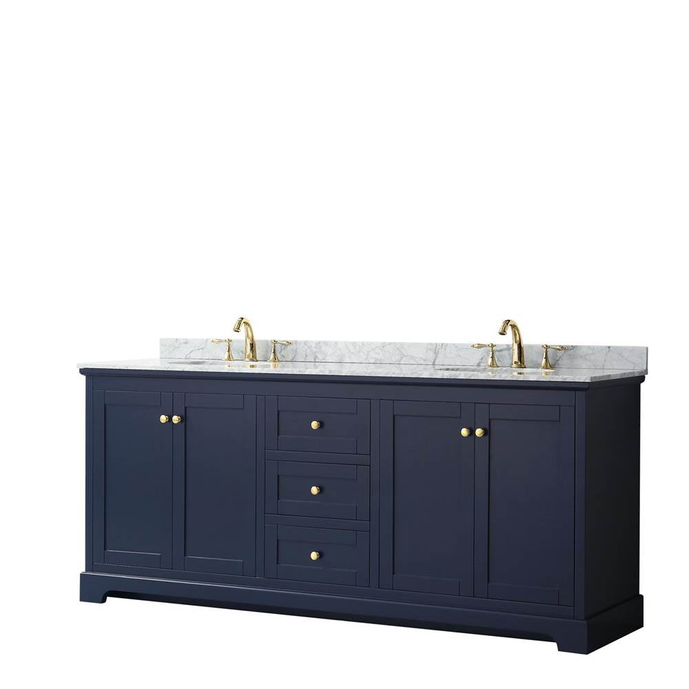 Wyndham Collection - Avery 80 Inch Double Bathroom Vanity in Dark Blue, White Carrara Marble Countertop, Undermount Oval Sinks, and No Mirror - Dark Blue