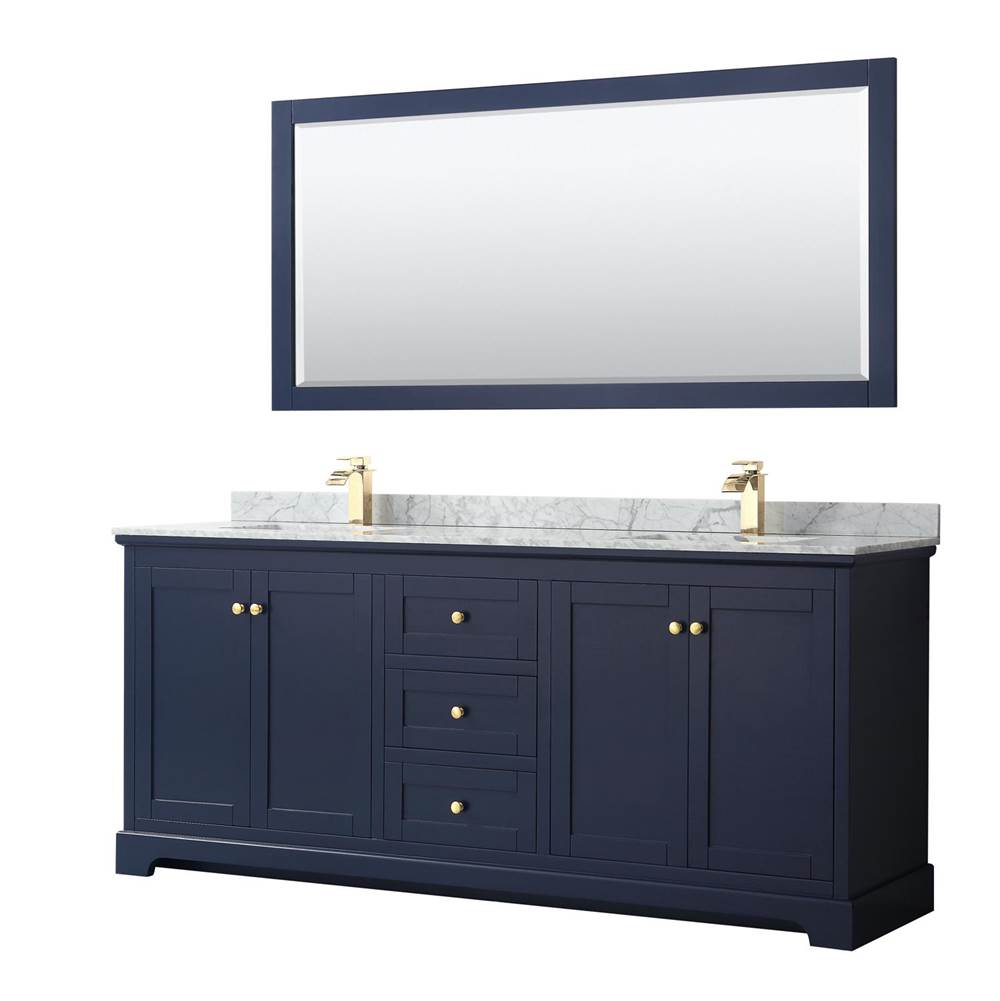 Wyndham Collection - Avery 80 Inch Double Bathroom Vanity in Dark Blue, White Carrara Marble Countertop, Undermount Square Sinks, and 70 Inch Mirror - Dark Blue