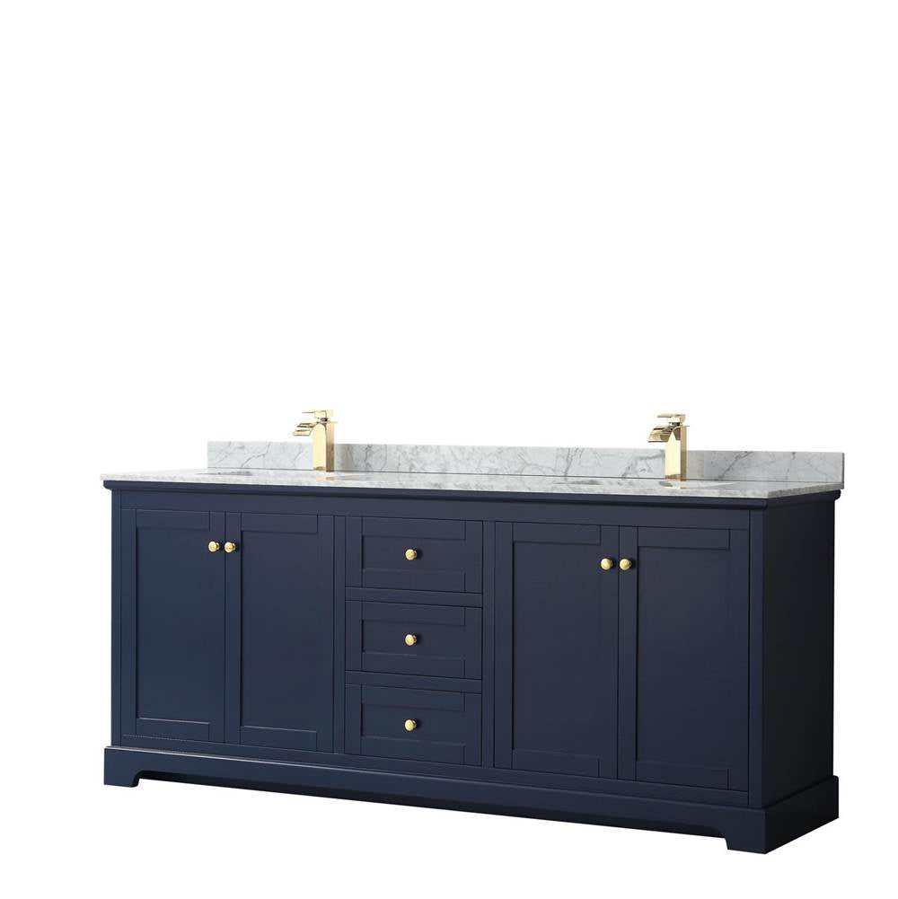 Wyndham Collection - Avery 80 Inch Double Bathroom Vanity in Dark Blue, White Carrara Marble Countertop, Undermount Square Sinks, and No Mirror - Dark Blue