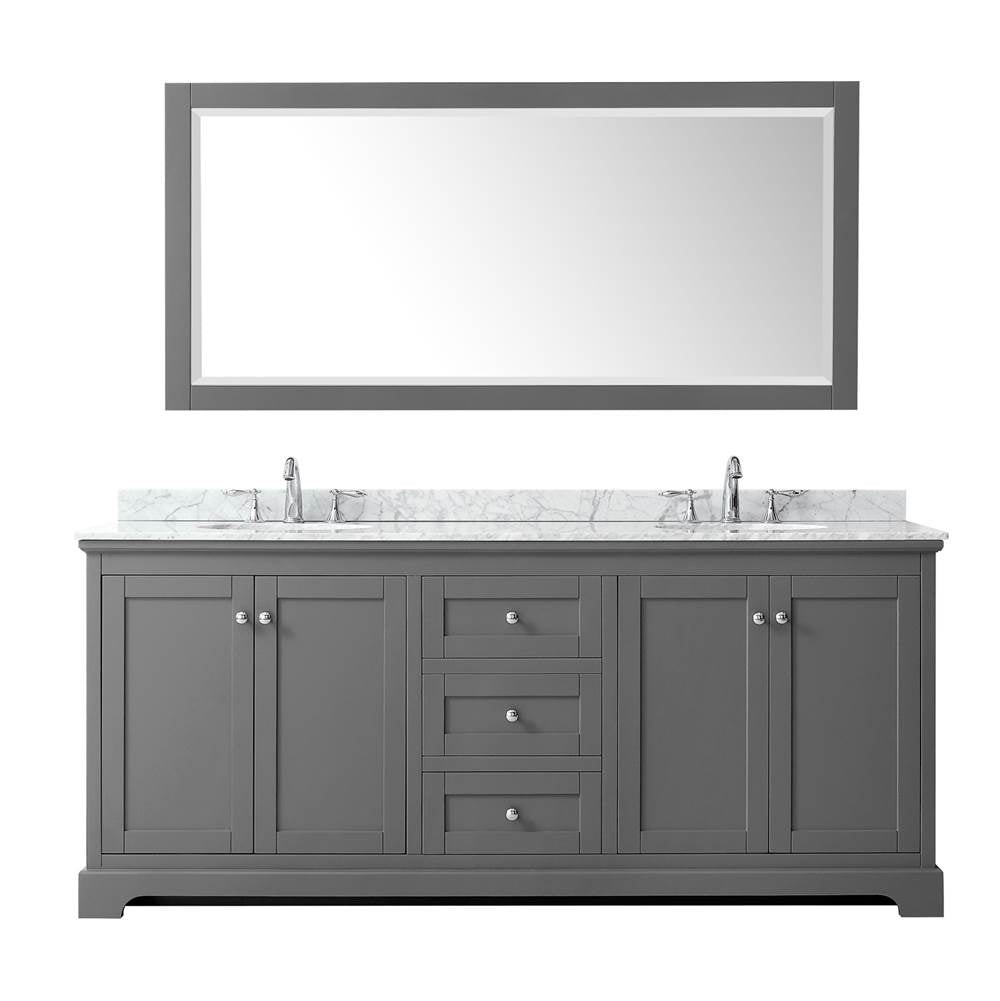 Avery 80 Inch Double Bathroom Vanity in Dark Blue, White Carrara Marble Countertop, Undermount Oval Sinks, and 70 Inch Mirror