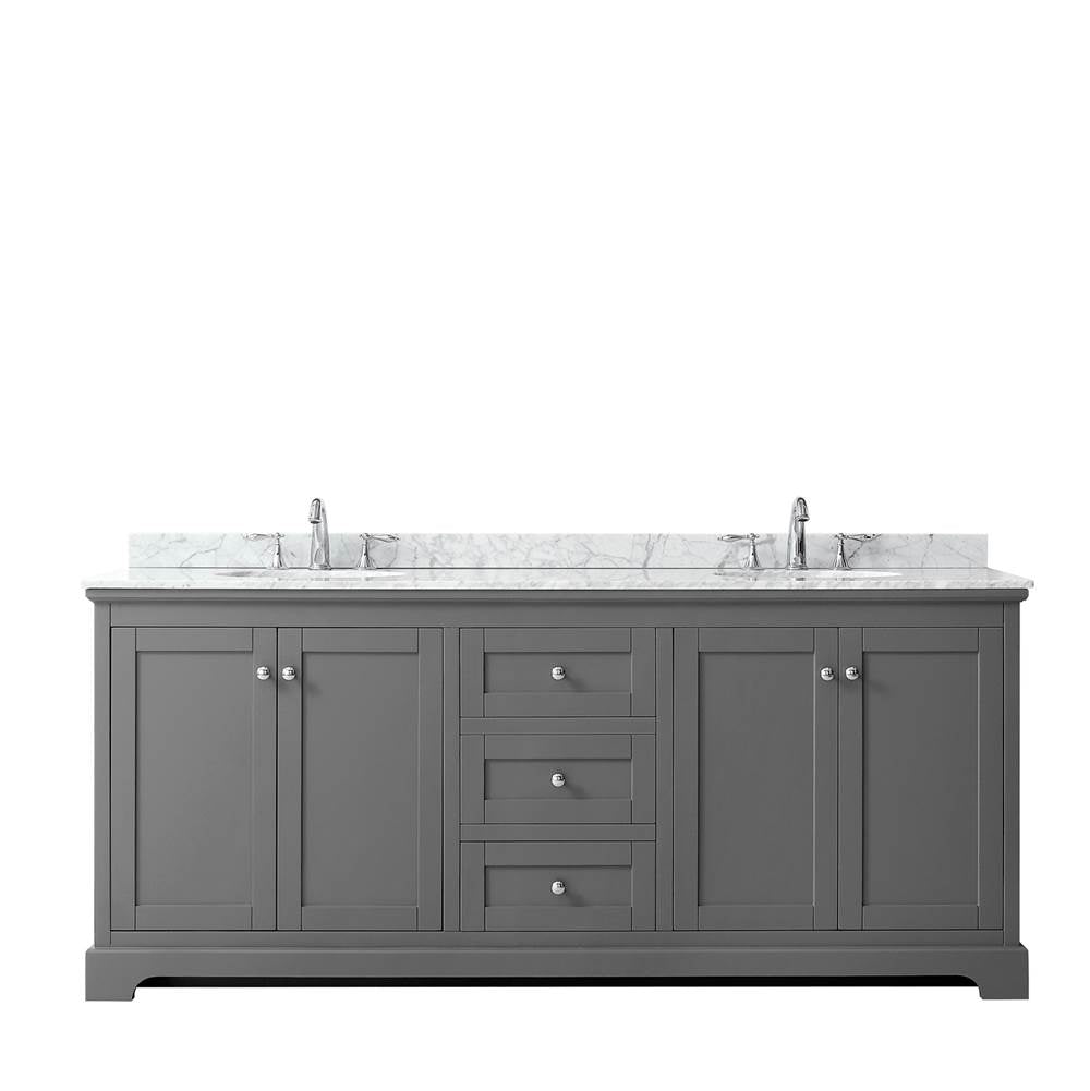Avery 80 Inch Double Bathroom Vanity in Dark Blue, White Carrara Marble Countertop, Undermount Oval Sinks, and No Mirror