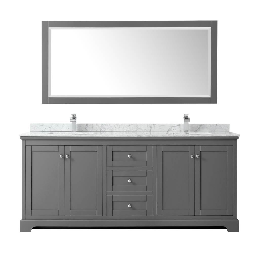 Avery 80 Inch Double Bathroom Vanity in Dark Blue, White Carrara Marble Countertop, Undermount Square Sinks, and 70 Inch Mirror