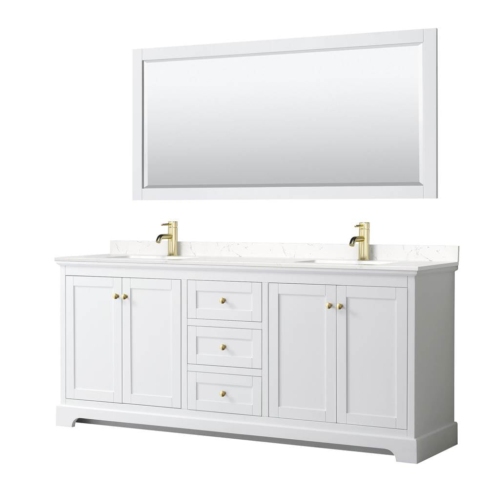Wyndham Collection - Avery 80 Inch Double Bathroom Vanity in White, Carrara Cultured Marble Countertop, Undermount Square Sinks, 70 Inch Mirror, Brushed Gold Trim