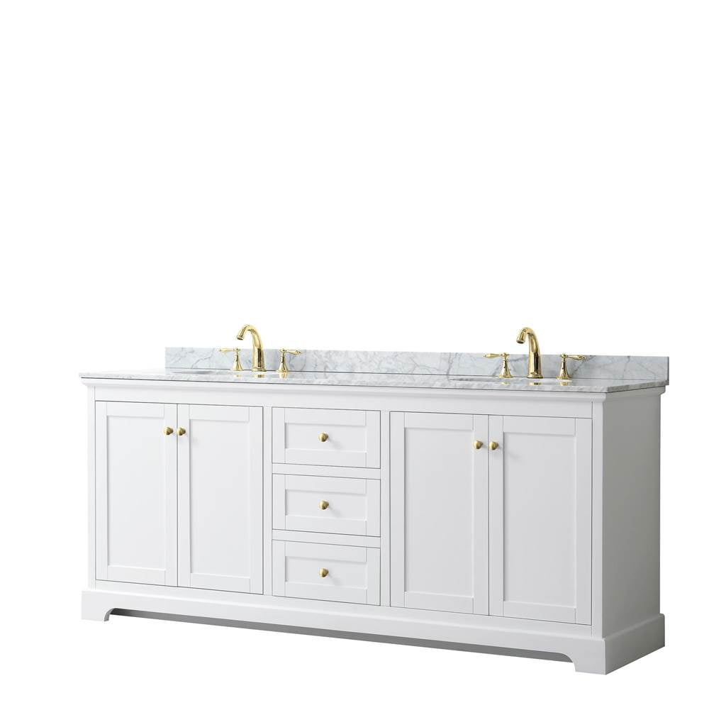 Wyndham Collection - Avery 80 Inch Double Bathroom Vanity in White, White Carrara Marble Countertop, Undermount Oval Sinks, Brushed Gold Trim