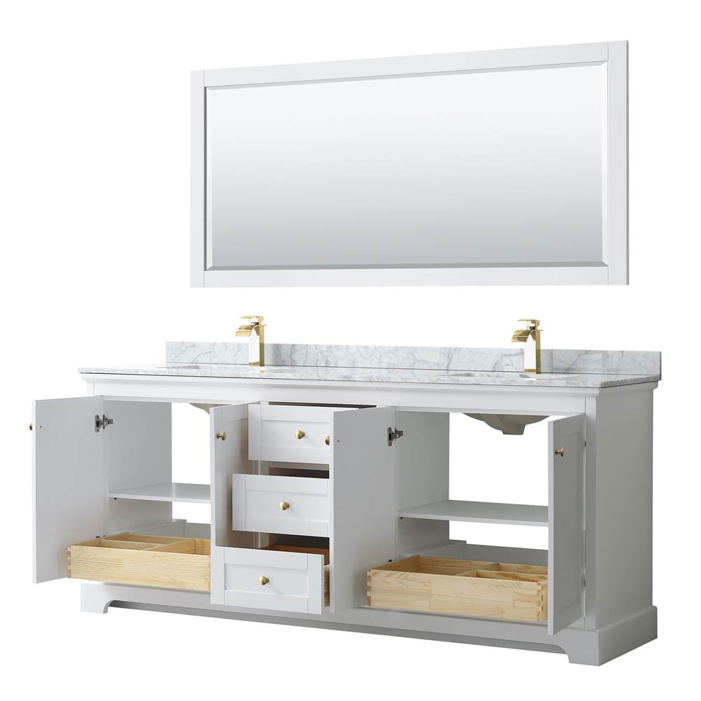 Avery 80 Inch Double Bathroom Vanity in White, White Carrara Marble Countertop, Undermount Square Sinks, Brushed Gold Trim