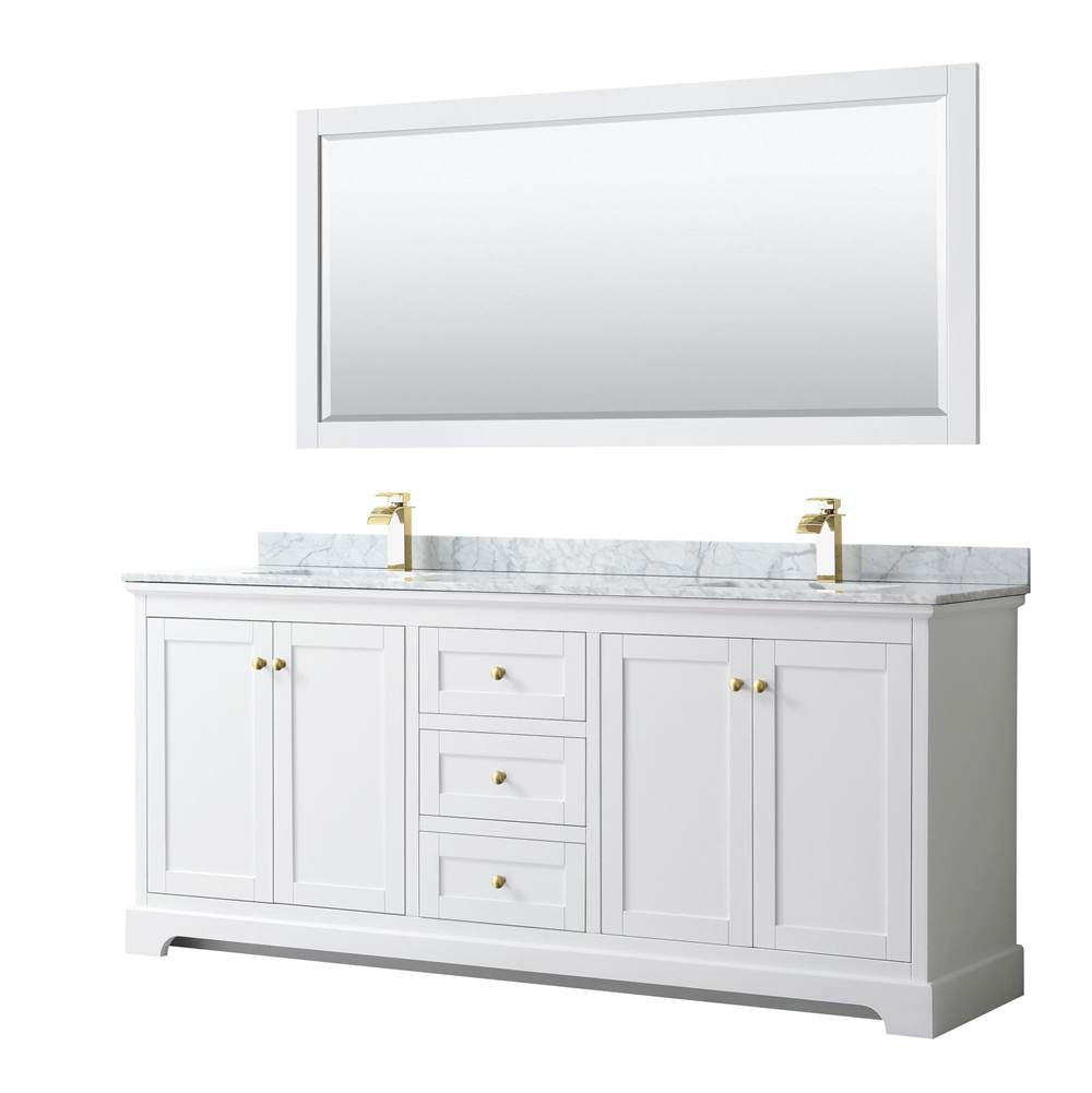 Wyndham Collection - Avery 80 Inch Double Bathroom Vanity in White, White Carrara Marble Countertop, Undermount Square Sinks, 70 Inch Mirror, Brushed Gold Trim