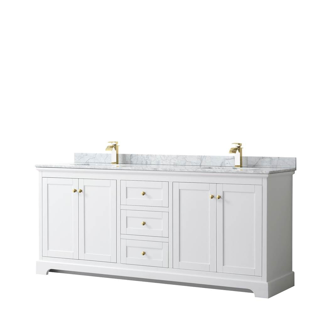 Wyndham Collection - Avery 80 Inch Double Bathroom Vanity in White, White Carrara Marble Countertop, Undermount Square Sinks, Brushed Gold Trim