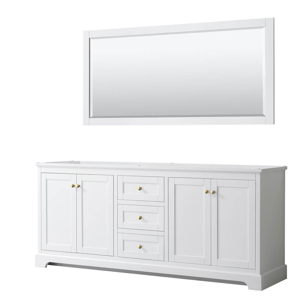 Wyndham Collection - Avery 80 Inch Double Bathroom Vanity in White, No Countertop, No Sinks, 70 Inch Mirror, Brushed Gold Trim