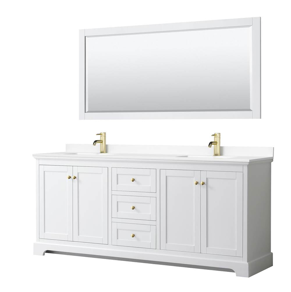 Wyndham Collection - Avery 80 Inch Double Bathroom Vanity in White, White Cultured Marble Countertop, Undermount Square Sinks, 70 Inch Mirror, Brushed Gold Trim
