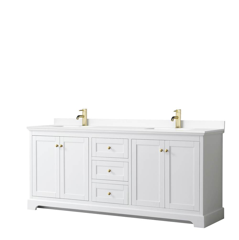 Wyndham Collection - Avery 80 Inch Double Bathroom Vanity in White, White Cultured Marble Countertop, Undermount Square Sinks, Brushed Gold Trim